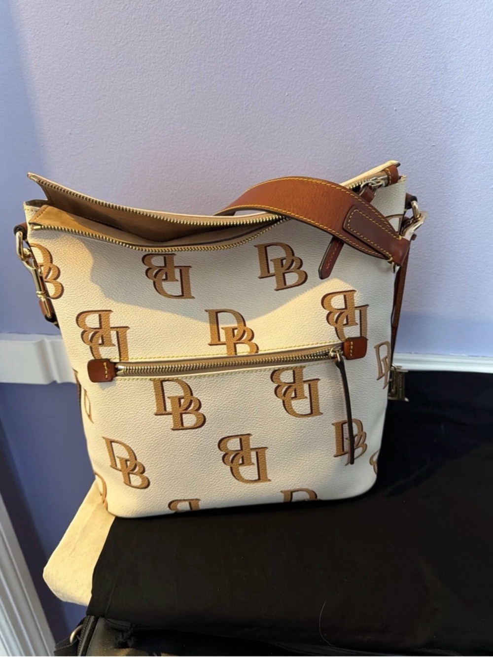Dooney and bourke Cream & Brown Logo  big monogram shoulderBag